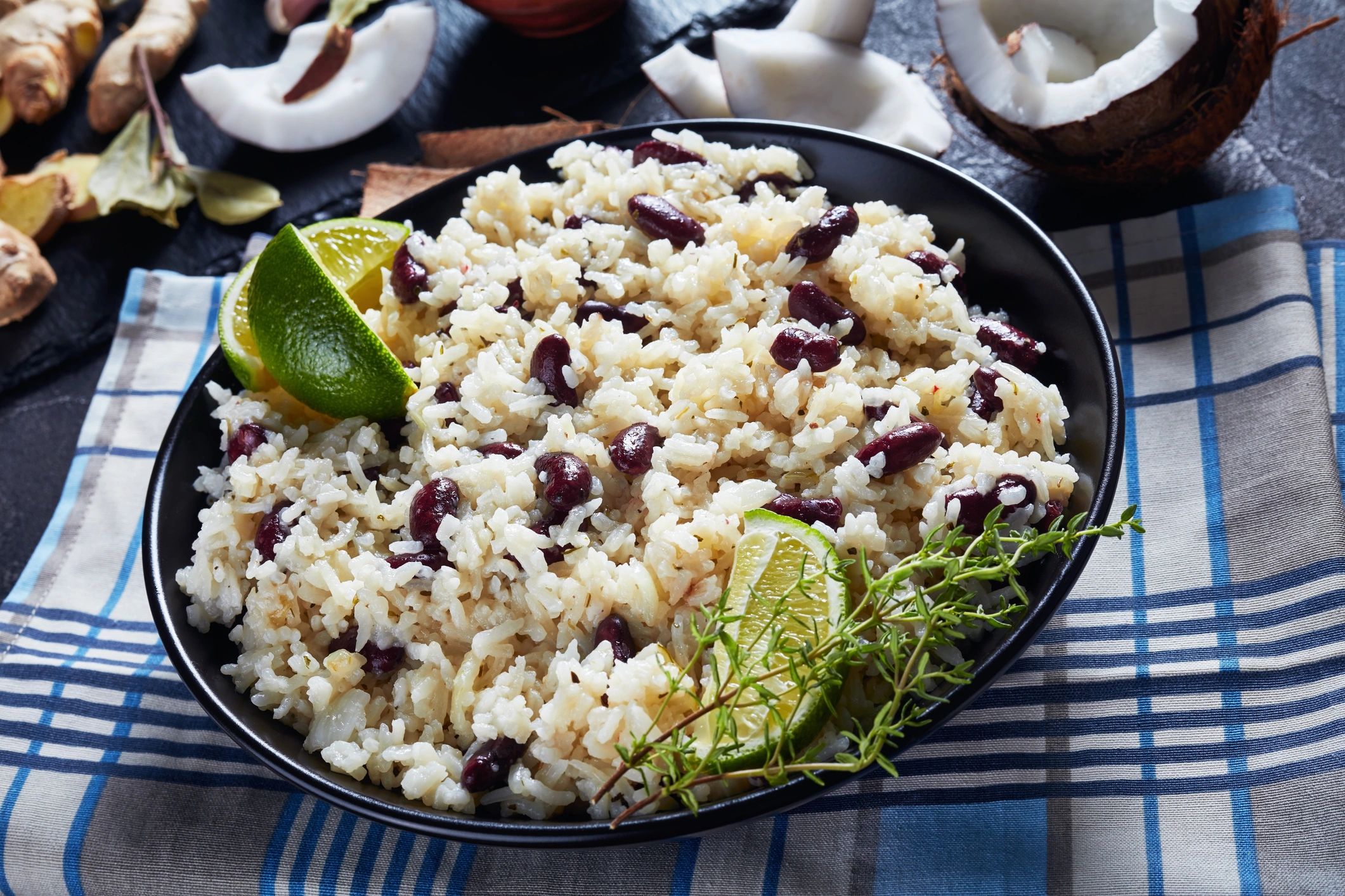 small tray of coconut rice and peas