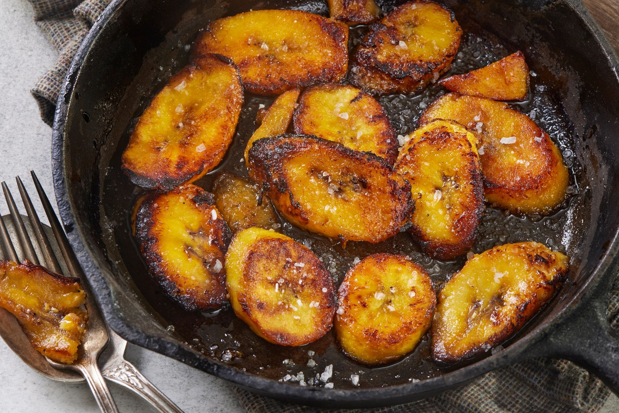 Fried Ripe Plantains Cooked in Cast Iron Skillet